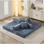 Canapé-lit convertible 4-en-1, Canapé-lit pliant au sol avec accoudoirs et oreiller, Aucun assemblage requis, Canapé confortable en mousse à mémoire de forme, Bleu
