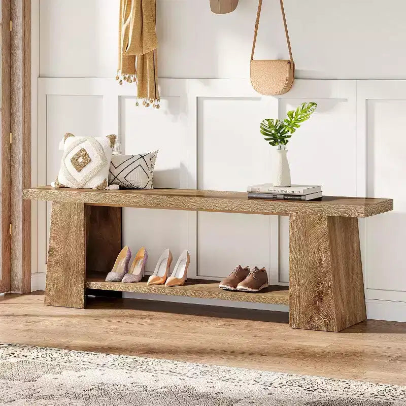 2-Tier Entryway Bench, 59-inch Shoe Bench with Storage Shelves, Wood End of Bed Bench for Entryway, Bedroom, Living Room