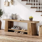 Banc d'entrée à 2 niveaux, banc à chaussures de 150 cm avec étagères de rangement, banc de bout de lit en bois pour entrée, chambre, salon