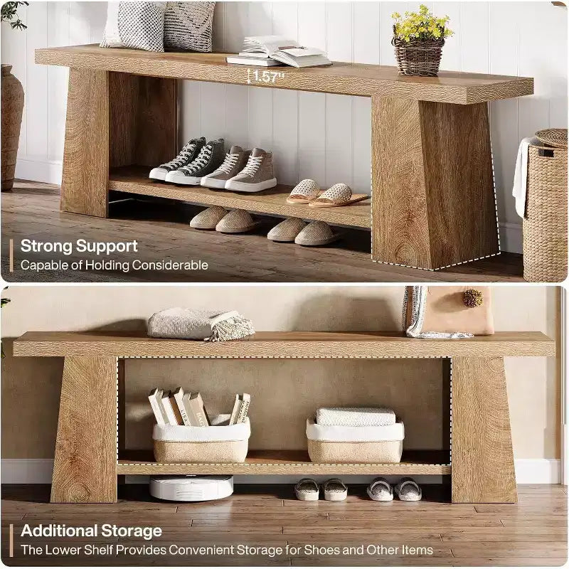 2-Tier Entryway Bench, 59-inch Shoe Bench with Storage Shelves, Wood End of Bed Bench for Entryway, Bedroom, Living Room
