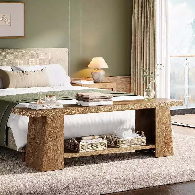 2-Tier Entryway Bench, 59-inch Shoe Bench with Storage Shelves, Wood End of Bed Bench for Entryway, Bedroom, Living Room