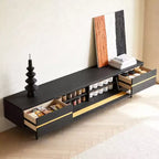 Meuble TV moderne noir de 220 cm pour téléviseur jusqu'à 90 pouces, console multimédia avec 2 tiroirs et accents dorés, centre de divertissement