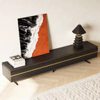 Meuble TV moderne noir de 220 cm pour téléviseur jusqu'à 90 pouces, console multimédia avec 2 tiroirs et accents dorés, centre de divertissement