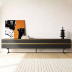 Meuble TV moderne noir de 220 cm pour téléviseur jusqu'à 90 pouces, console multimédia avec 2 tiroirs et accents dorés, centre de divertissement