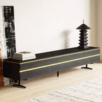 Meuble TV moderne noir de 220 cm pour téléviseur jusqu'à 90 pouces, console multimédia avec 2 tiroirs et accents dorés, centre de divertissement