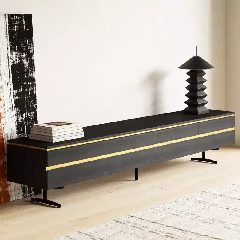 86.61 Modern Black TV Stand for 90 Inch TV Media Console with 2 Drawers Gold Accents Entertainment Center