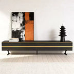 Meuble TV moderne noir de 220 cm pour téléviseur jusqu'à 90 pouces, console multimédia avec 2 tiroirs et accents dorés, centre de divertissement