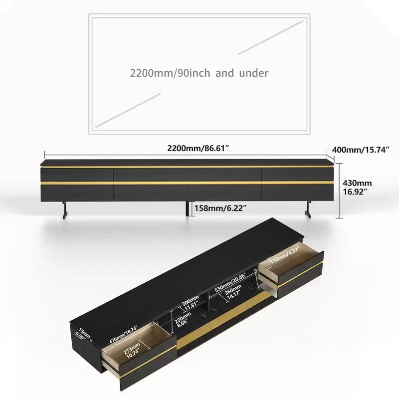 86.61 Modern Black TV Stand for 90 Inch TV Media Console with 2 Drawers Gold Accents Entertainment Center