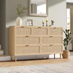 Commode 7 tiroirs en rotin pour chambre à coucher, commode haute avec tiroirs profonds, grande commode pour placard avec plateau large, commode en bois pour salon