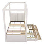 Lit plateforme à baldaquin moderne avec tête de lit capitonnée, lit gigogne et 3 tiroirs, beige