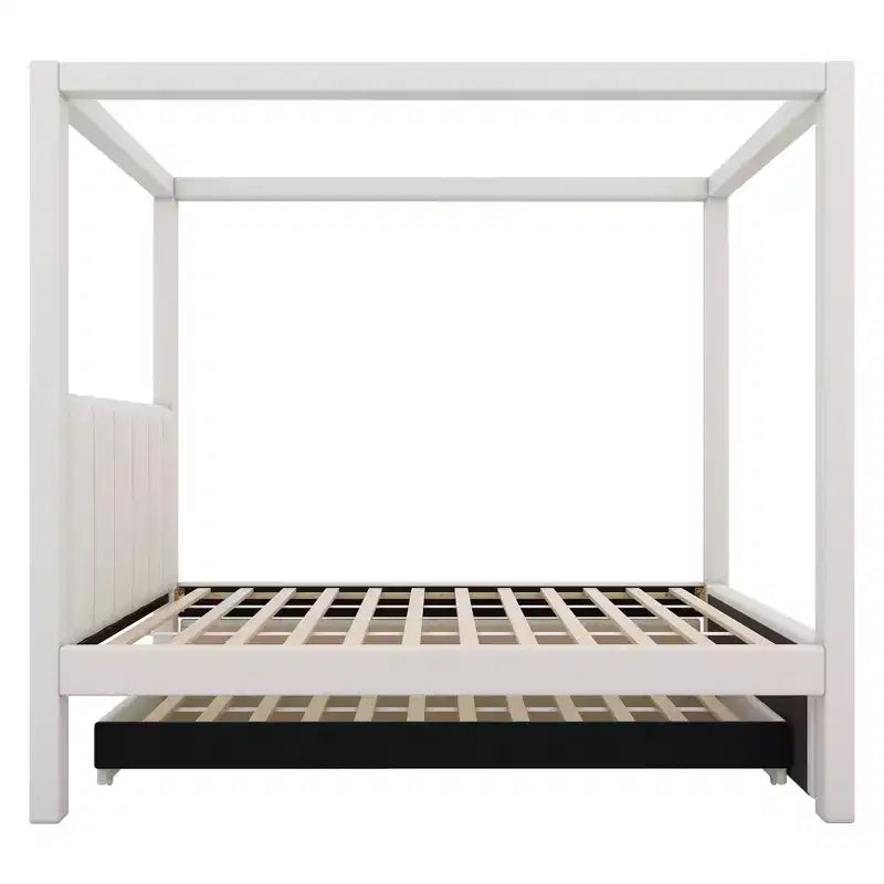 Modern Canopy Platform Bed with Upholstery headboard, Trundle and 3 Drawers, Beige