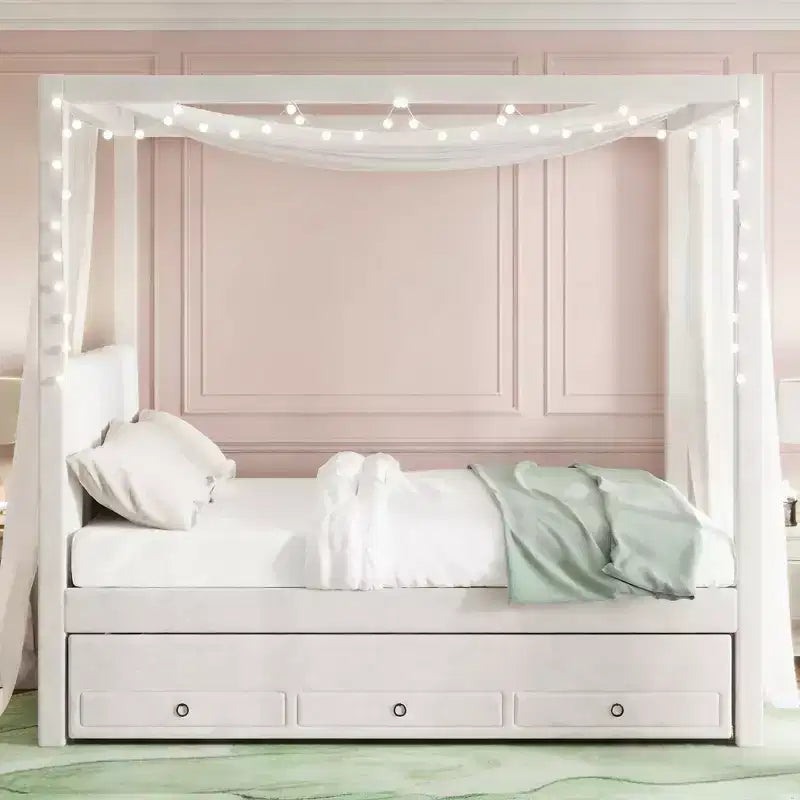 Modern Canopy Platform Bed with Upholstery headboard, Trundle and 3 Drawers, Beige
