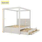 Lit plateforme à baldaquin moderne avec tête de lit capitonnée, lit gigogne et 3 tiroirs, beige