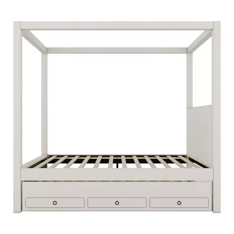 Modern Canopy Platform Bed with Upholstery headboard, Trundle and 3 Drawers, Beige