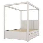 Lit plateforme à baldaquin moderne avec tête de lit capitonnée, lit gigogne et 3 tiroirs, beige