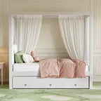 Lit plateforme à baldaquin moderne avec tête de lit capitonnée, lit gigogne et 3 tiroirs, beige