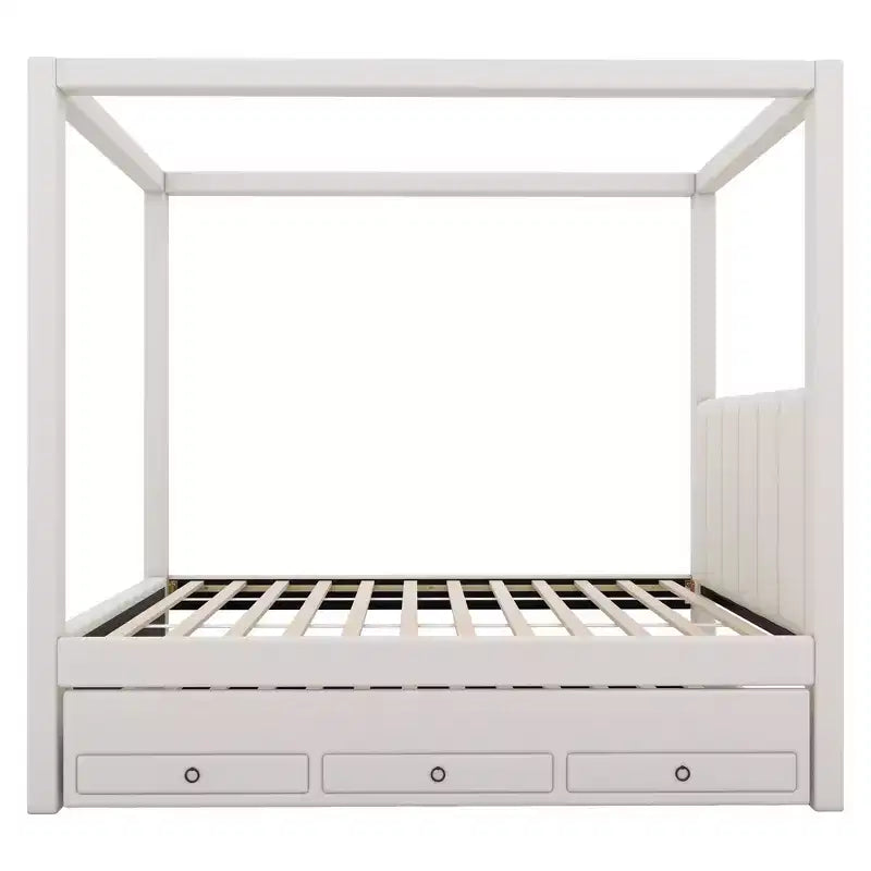 Modern Canopy Platform Bed with Upholstery headboard, Trundle and 3 Drawers, Beige