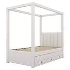 Lit plateforme à baldaquin moderne avec tête de lit capitonnée, lit gigogne et 3 tiroirs, beige