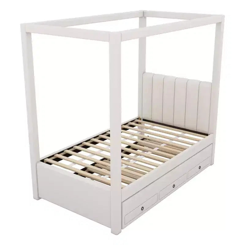 Modern Canopy Platform Bed with Upholstery headboard, Trundle and 3 Drawers, Beige