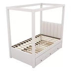 Lit plateforme à baldaquin moderne avec tête de lit capitonnée, lit gigogne et 3 tiroirs, beige