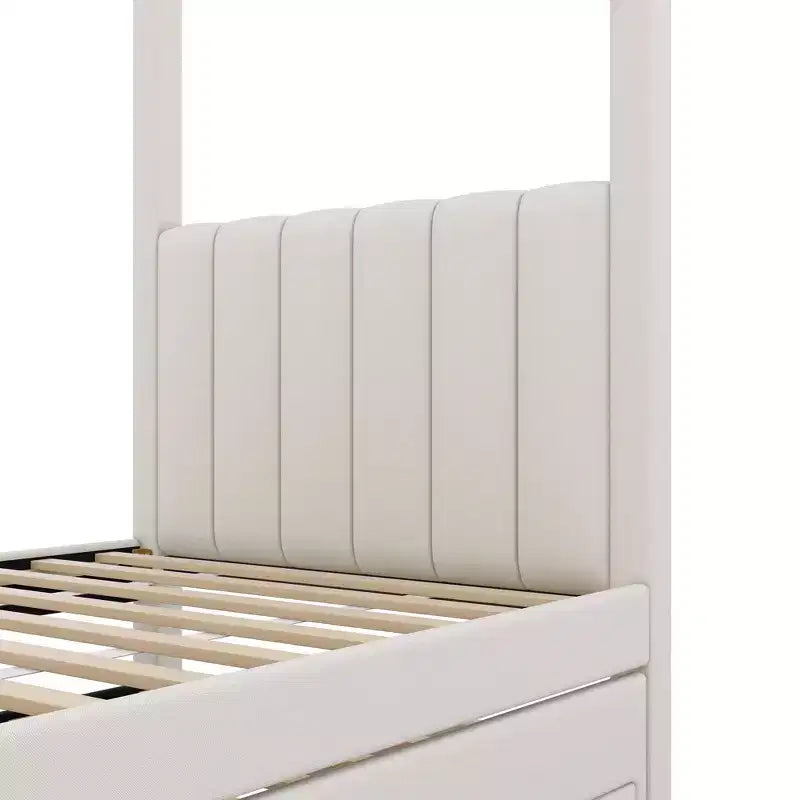 Modern Canopy Platform Bed with Upholstery headboard, Trundle and 3 Drawers, Beige