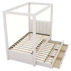 Lit plateforme à baldaquin moderne avec tête de lit capitonnée, lit gigogne et 3 tiroirs, beige