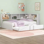 Luxystar Full Size Metal Daybed with Trundle, 5 Storage Cabinets, White