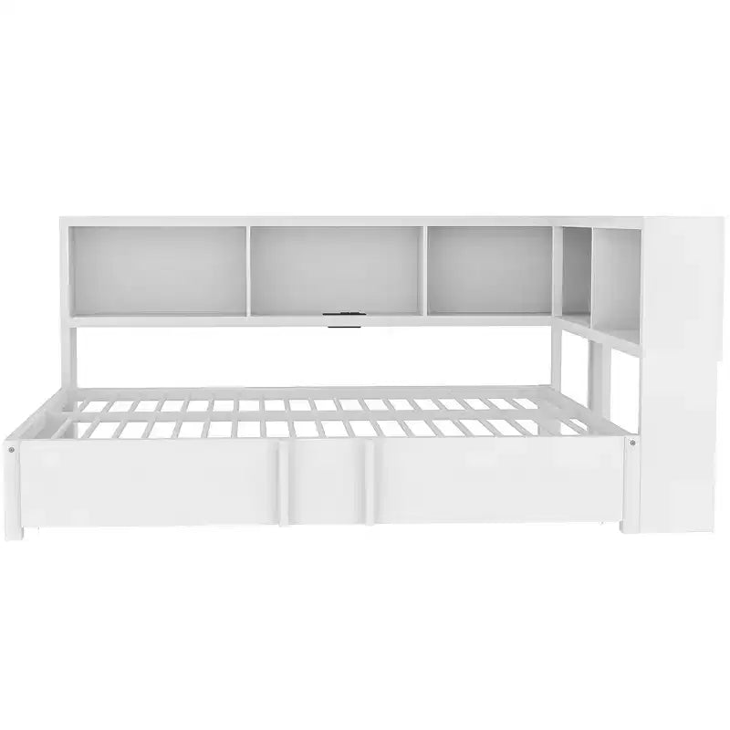 Full Size Metal Daybed with Trundle, 5 Storage Cabinets, White