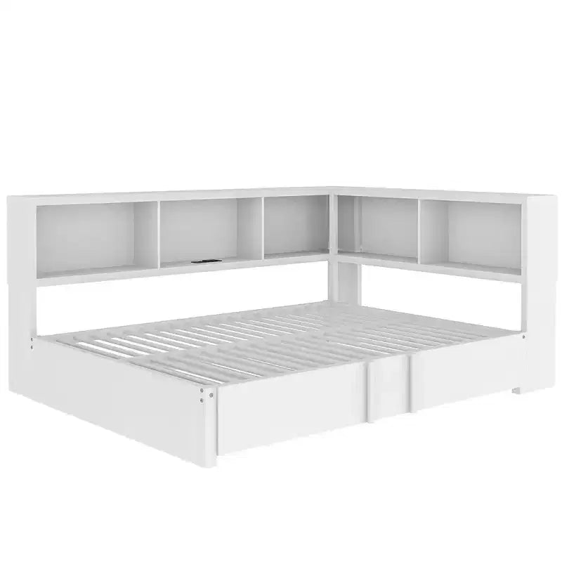 Full Size Metal Daybed with Trundle, 5 Storage Cabinets, White