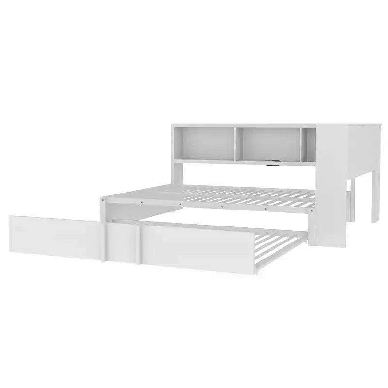 Full Size Metal Daybed with Trundle, 5 Storage Cabinets, White