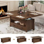 Table basse, table basse relevable convertible 4 en 1 avec rangement pour salon - 40 tables basses de rangement avec 2 tiroirs