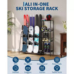 Support de rangement pour skis, 48 x 12 x 46, Organisateur de skis autoportant robuste en acier pour 4 paires de skis, snowboard, chaussures, bâtons, casque et lunettes