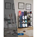 Support de rangement pour skis, 48 x 12 x 46, Organisateur de skis autoportant robuste en acier pour 4 paires de skis, snowboard, chaussures, bâtons, casque et lunettes