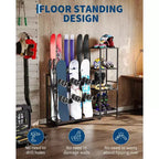 Support de rangement pour skis, 48 x 12 x 46, Organisateur de skis autoportant robuste en acier pour 4 paires de skis, snowboard, chaussures, bâtons, casque et lunettes