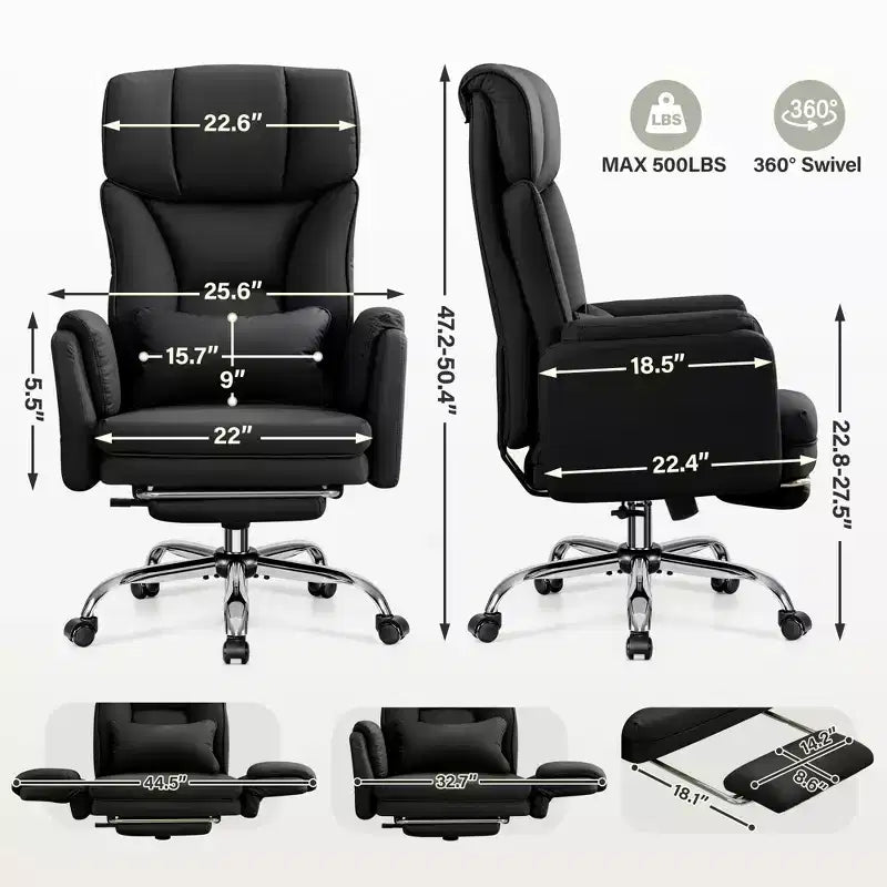 High Back Executive Office Chair, Big and Tall PU Leather Desk Chair With Adjustable Height, Padded Armrests And Footrest