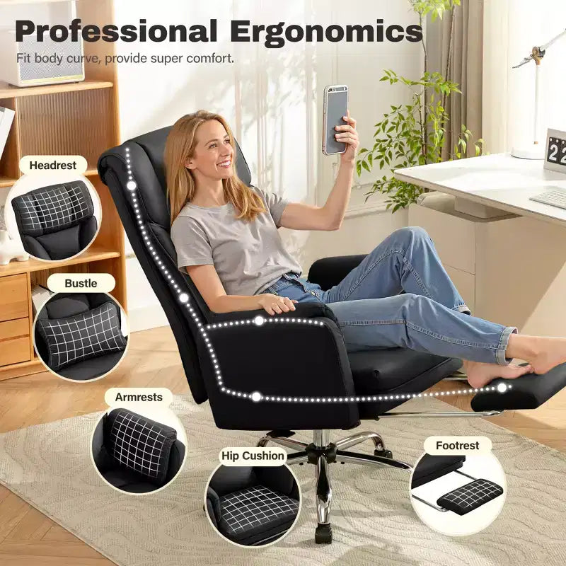 High Back Executive Office Chair, Big and Tall PU Leather Desk Chair With Adjustable Height, Padded Armrests And Footrest