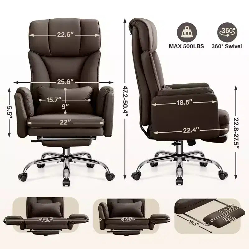 High Back Executive Office Chair, Big and Tall PU Leather Desk Chair With Adjustable Height, Padded Armrests And Footrest