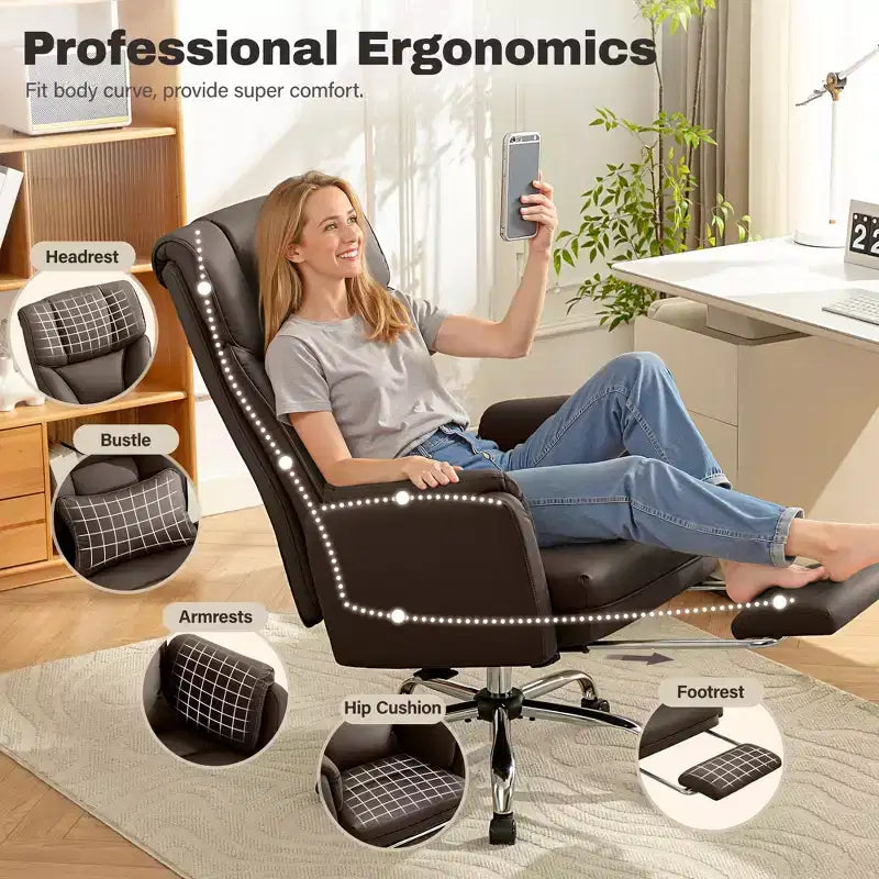 High Back Executive Office Chair, Big and Tall PU Leather Desk Chair With Adjustable Height, Padded Armrests And Footrest