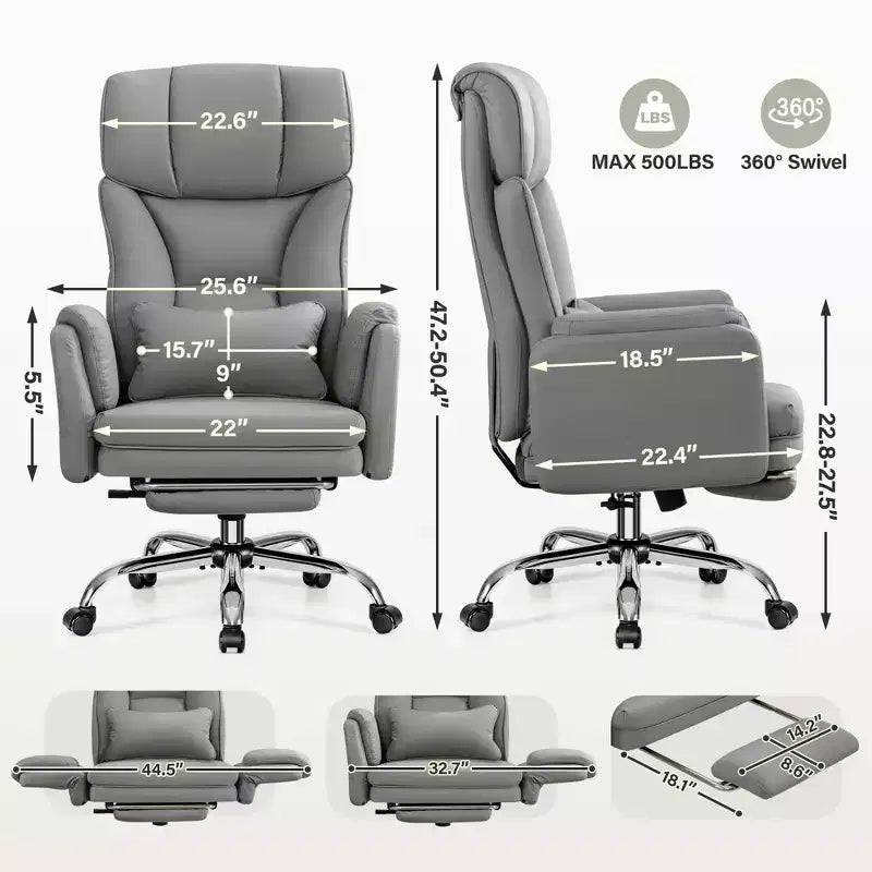 High Back Executive Office Chair, Big and Tall PU Leather Desk Chair With Adjustable Height, Padded Armrests And Footrest