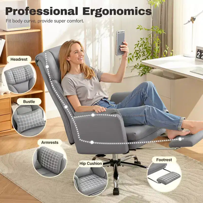 High Back Executive Office Chair, Big and Tall PU Leather Desk Chair With Adjustable Height, Padded Armrests And Footrest