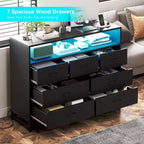 Commode de chambre, commode TV en bois noir 7 tiroirs avec station de charge et lumières, rangement moderne grande capacité