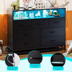 Commode de chambre, commode TV en bois noir 7 tiroirs avec station de charge et lumières, rangement moderne grande capacité