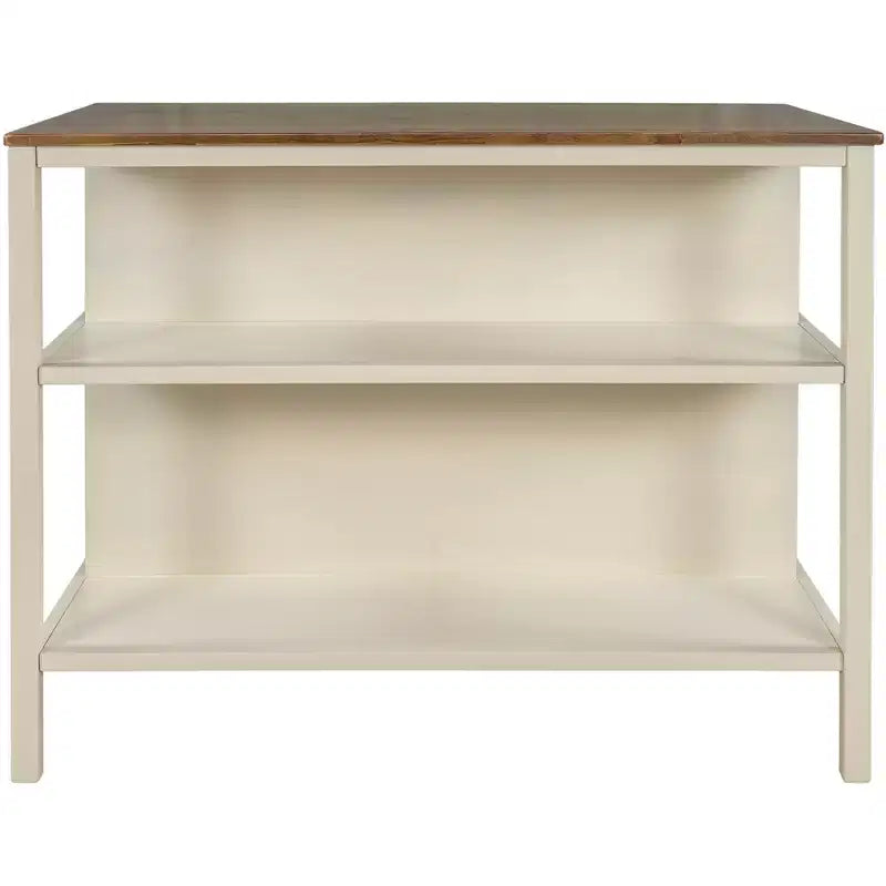 45-inch Solid Wood Rustic Fixed Kitchen Island, Rubberwood Prep Station with 2 Open Shelves, Ideal for Small Spaces, Walnut