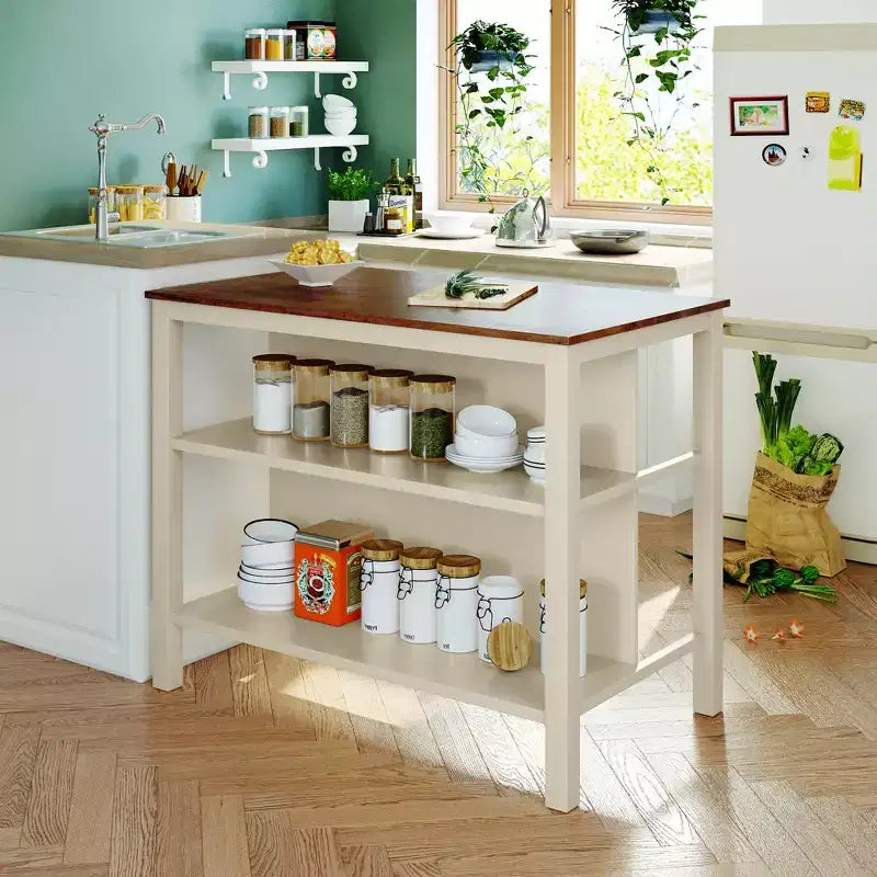 45-inch Solid Wood Rustic Fixed Kitchen Island, Rubberwood Prep Station with 2 Open Shelves, Ideal for Small Spaces, Walnut