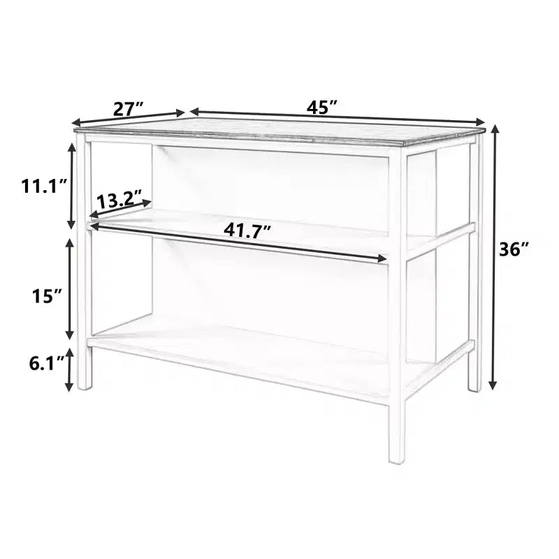 45-inch Solid Wood Rustic Fixed Kitchen Island, Rubberwood Prep Station with 2 Open Shelves, Ideal for Small Spaces, Walnut