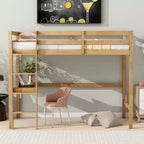 Lit mezzanine double en bois avec bureau intégré et échelle, espace d'étude spacieux, garde-corps de sécurité (améliorés) - Chêne blanc