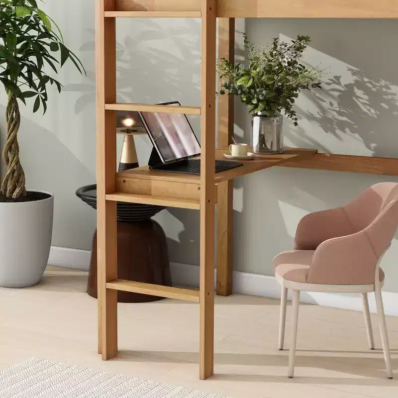 Twin Size Wood Loft Bed with Built-in Desk & Ladder, Spacious Study Space, Safety Guardrails(Upgraded) - White Oak