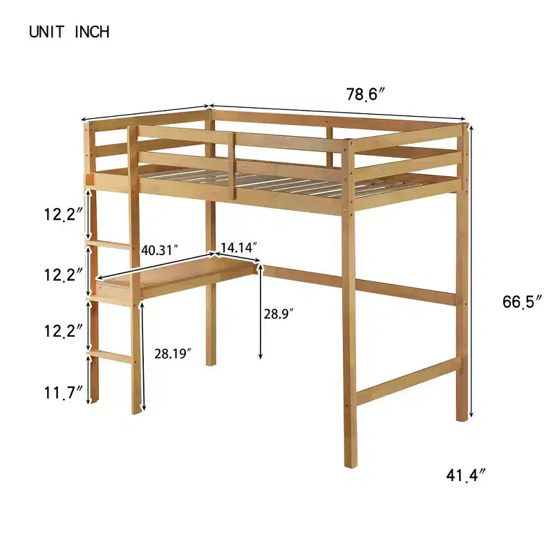 Twin Size Wood Loft Bed with Built-in Desk & Ladder, Spacious Study Space, Safety Guardrails(Upgraded) - White Oak