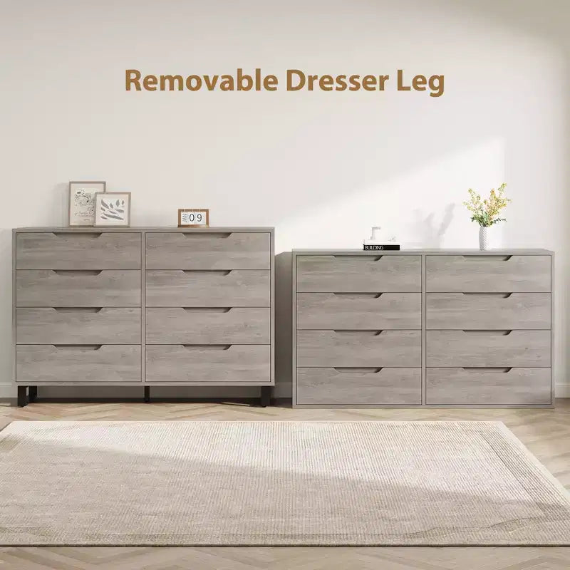 55 Wide 8 Drawer Dresser Freestanding Horizontal Storage Chest in Black for Bedroom, Living Room, Hallway & Entryway