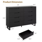 Commode à 8 tiroirs de 140 cm de large, meuble de rangement horizontal indépendant noir pour chambre à coucher, salon, couloir et entrée